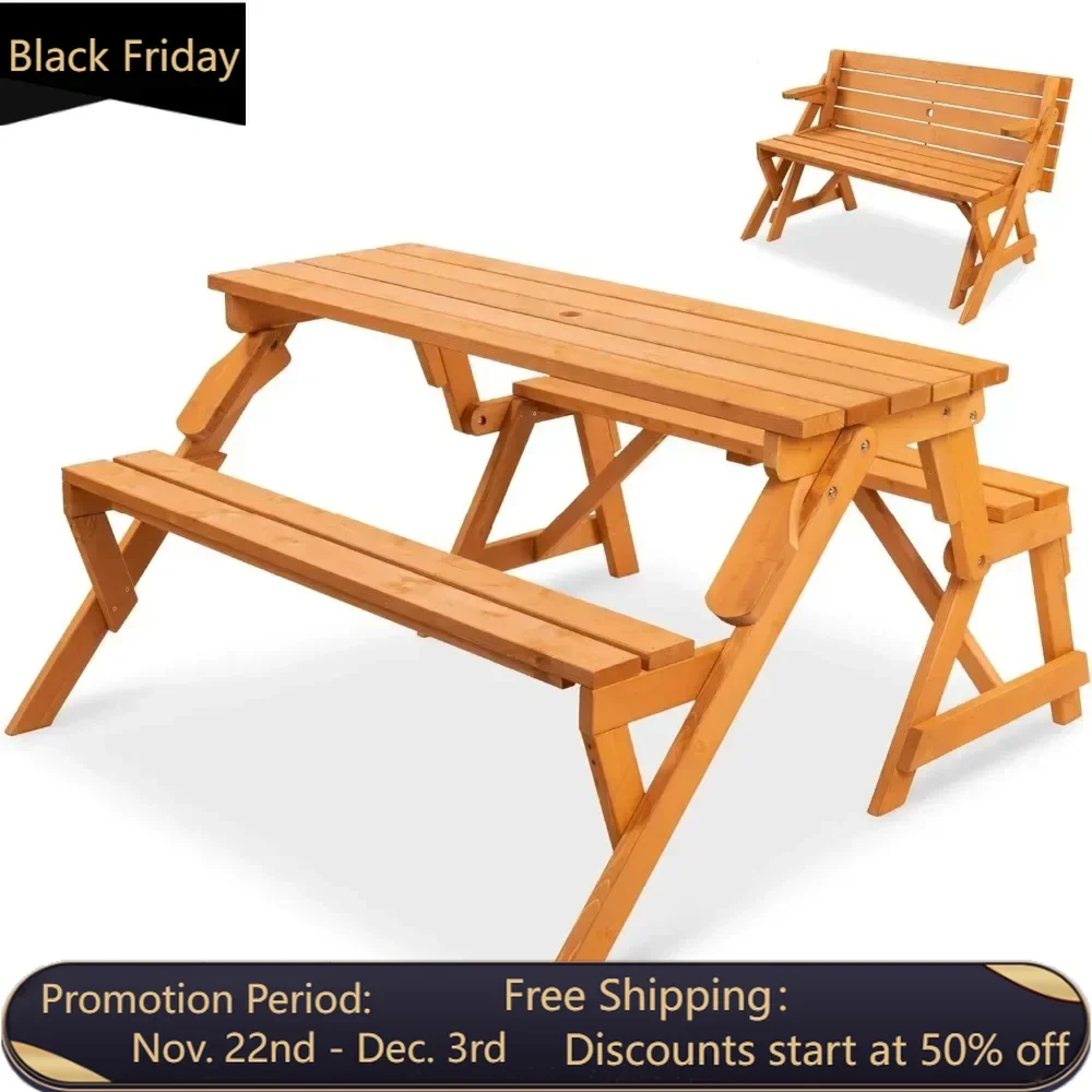 2-in-1 Transforming Interchangeable Outdoor Wooden Picnic Table Garden Bench for Backyard, Porch, Patio