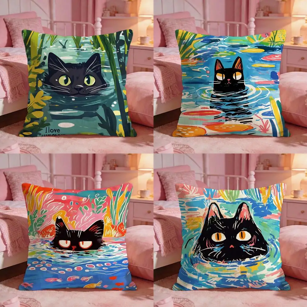 Swimming Black Cat Cushion Cover Premium Comfort Reversible Pillow Cove -Two in One Design for Any Room & Car Interior