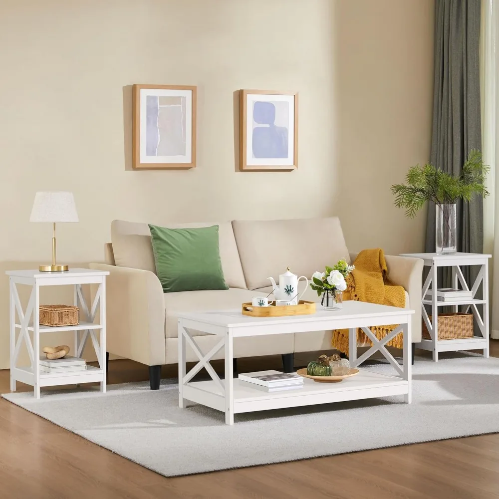 مجموعة طاولات نهائية مكونة من 2، طاولات جانبية من 3 طبقات مع مساحة تخزين لغرفة المعيشة، طاولة جانبية خشبية كبيرة بتصميم X قوي #2