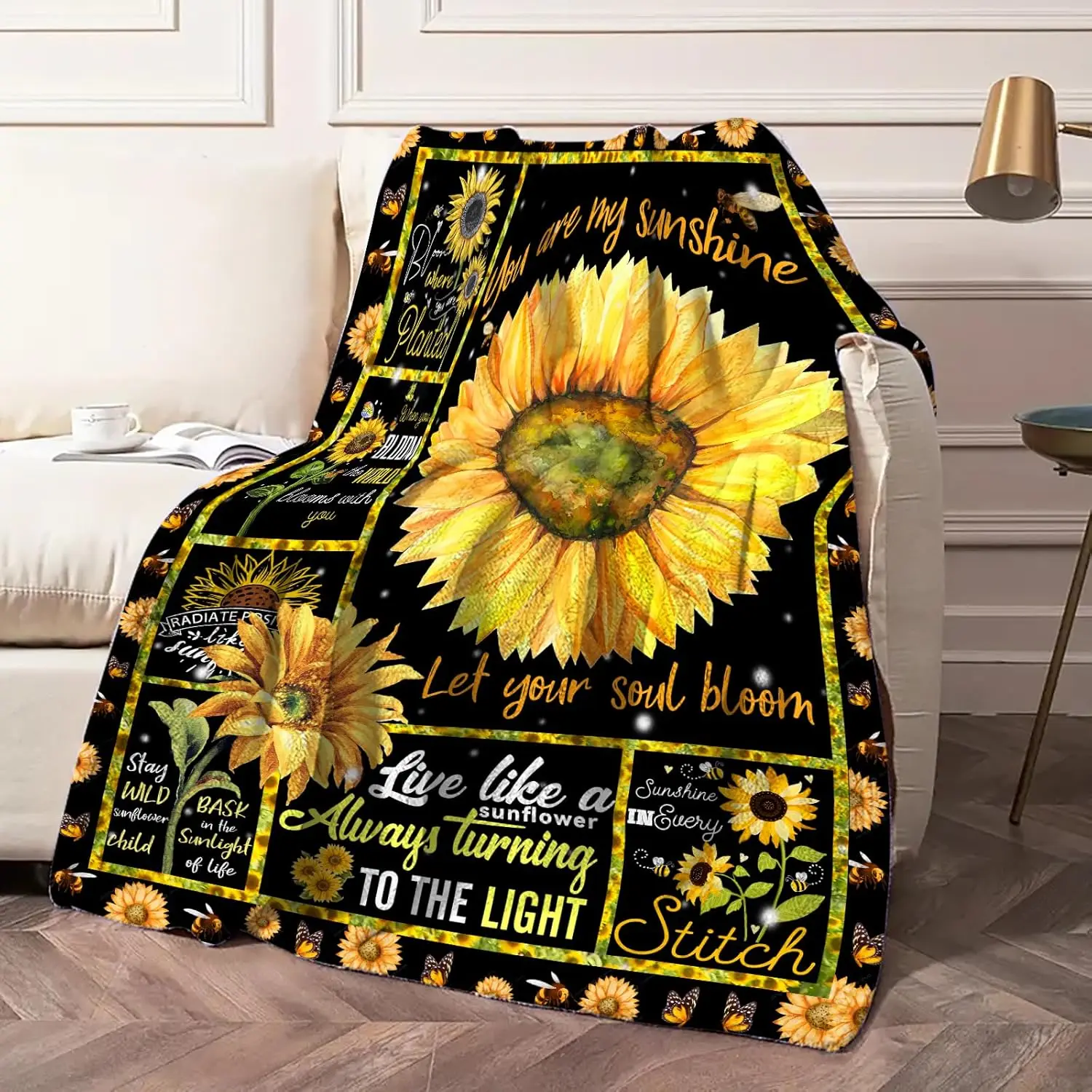 Koc flanelowy z motywem słonecznika, inspirujący napisem: „You are My Sunshine”, koc z cytatem: „Let Your Soul Bloom”, personalizowane koce.
