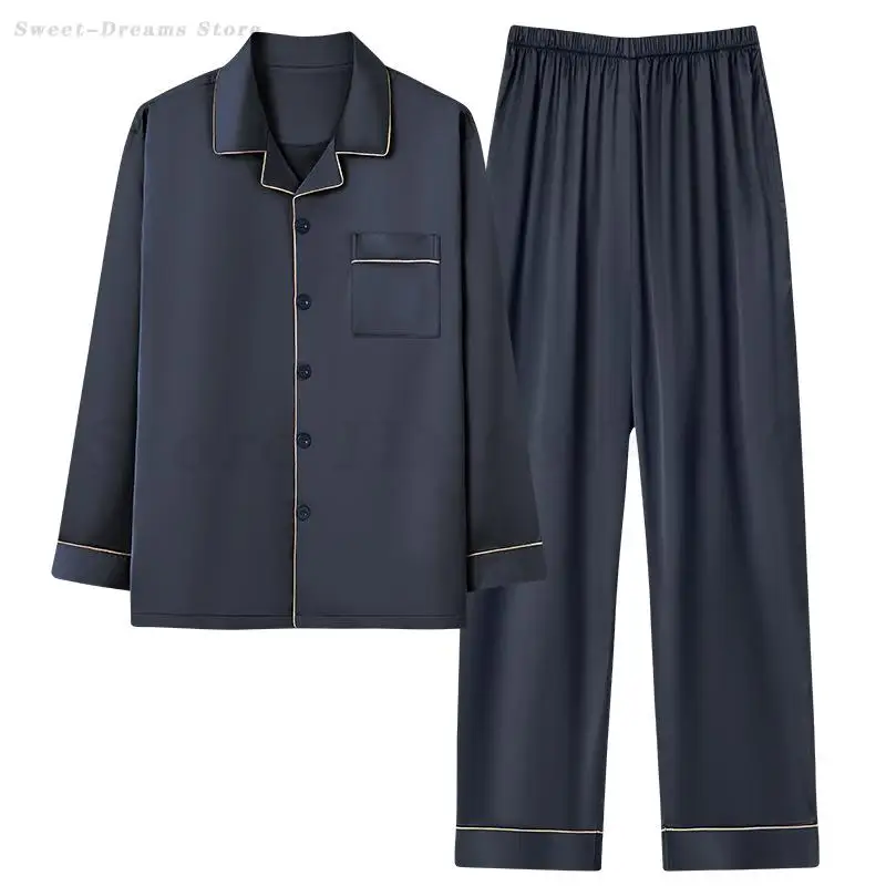 

Long Sleeve Sleepwear Male Silky Satin Nightwear Shirt Pants with Pocket Men Pijama Home Wear Big Size 4XL Outfit Pajamas Set