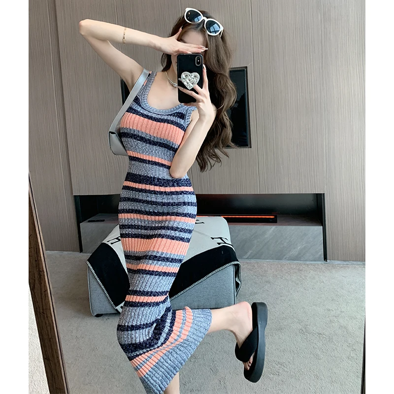 Womens Knitted Long Dresses Fashion Sleeveless Stripes Bodycon Slim Tank Vestidos Waist Hip Wrap Robe Sexy Female Clothes