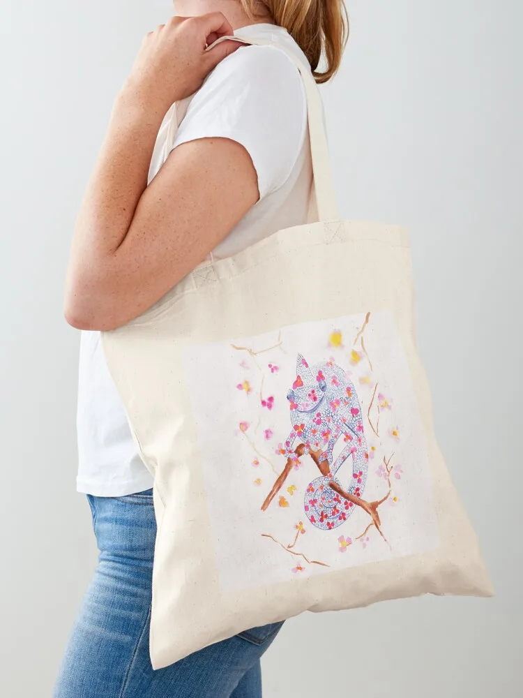 

Chameleon with flowers Tote Bag shopping bag logo Custom bag canvas tote bags reusable shopping