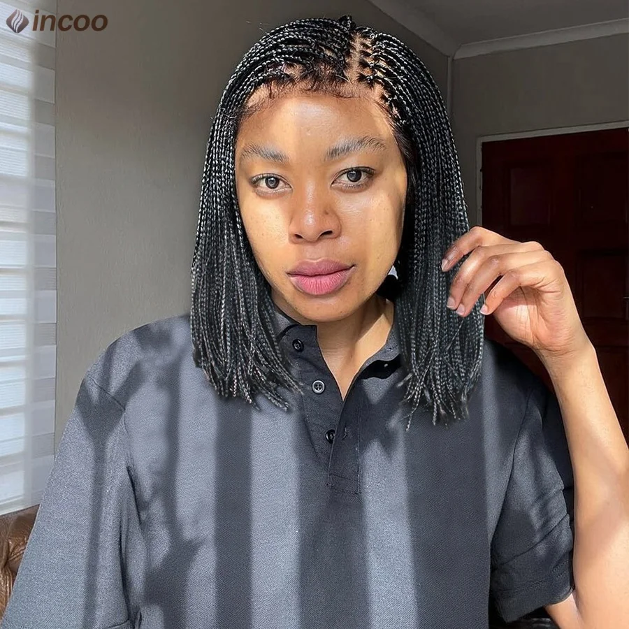 Micro Braided Wigs Short Bob Cornrows Knotless Box Braids Wig For Black Women Synthetic 12'' Tiny Thin Braids 6*6 Lace Front Wig
