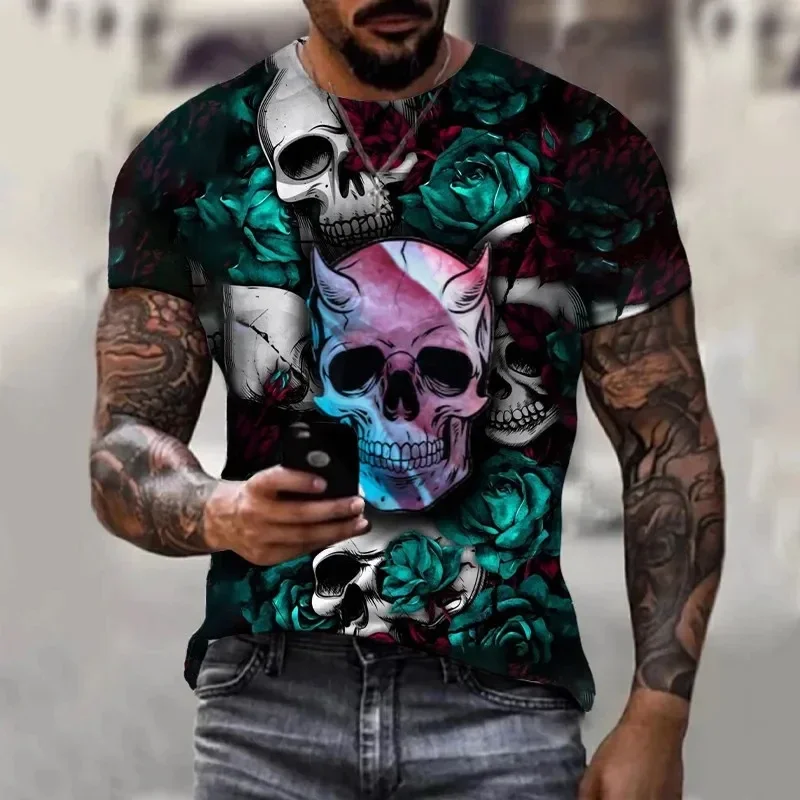 New Men\'s Skull 3D Printed Short Sleeved T-shirt Retro Casual Fashionable Shirt Summer Streetwear Oversized Tops Tee Clothing