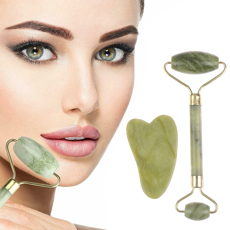 Facial Jade Massage Roller Set Guasha Board Double Heads Jade Roller for Face Natural Stone Massage Slimming Board Beauty Neck