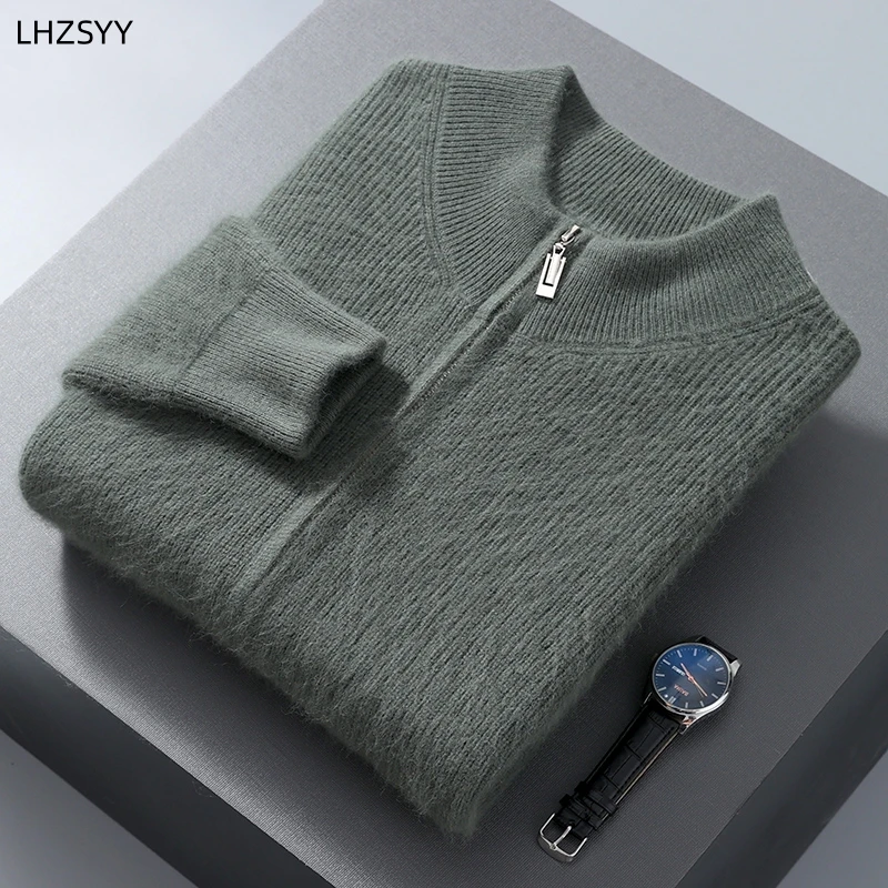 LHZSYY Men's 100% Mink Cashmere Zipper Cardigan Autumn Winter Plus-Size Coat Sweater Youth Thicken Warm Shirt Knit Jackets Tops