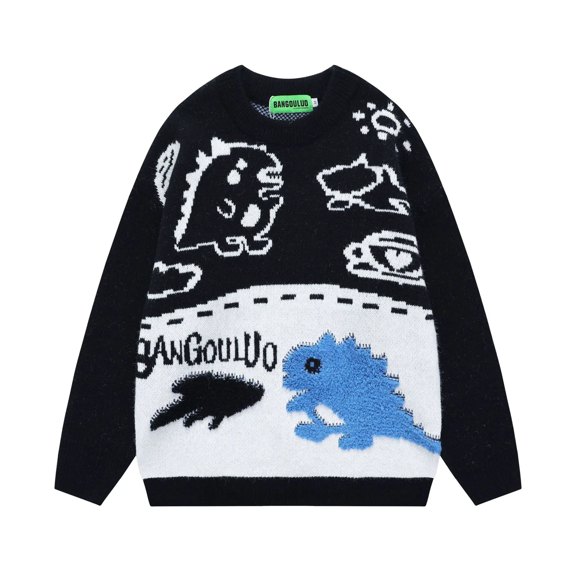 Men's Cute Little Dinosaur Flocked Sweater Japanese Couple Versatile Casual Pullover Comfortable Harajuku Long Sleeved Knitting