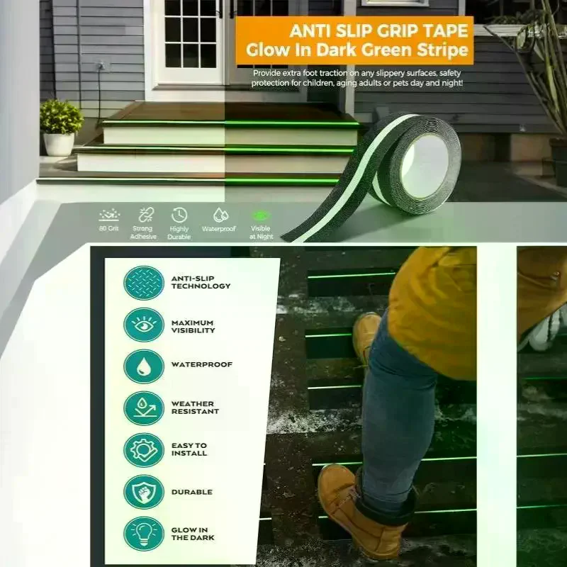 1Roll Anti Slip Safety Grip Tape Green Glowing In The Dark High Traction Grit Stairs Tape Hazard Caution Warning Tape For Steps