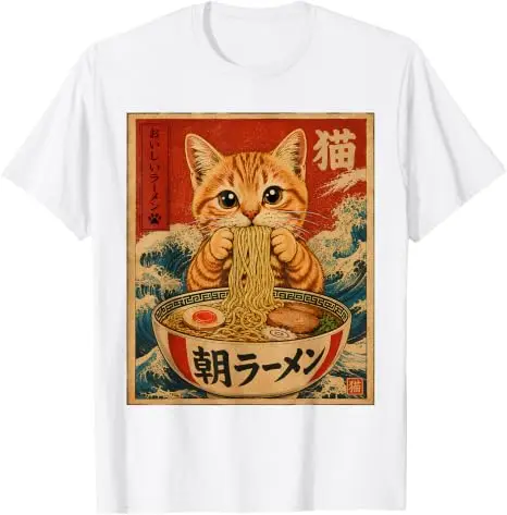 Lustiges Katzen-Ramen-Grafik Retro Japanisches Kawaii Anime Nudel T-Shirt Y2k Cartoon Weiches Baumwoll-T-Shirt für Frauen Männer Harajuku Tees – Detail 21