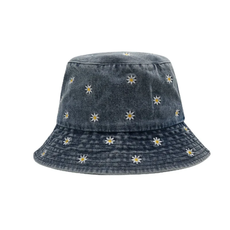 Denim Bucket Hat Women Washed Daisy Embroidered Fisherman Cap Vintage Summer Hats For Women Hip Hop Travel Casual Sun Hat New