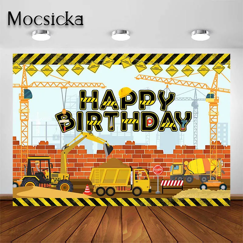 Mocsicka ก่อสร้างธีมงานเลี้ยงวันเกิดการถ่ายภาพฉากหลังสำหรับเด็กรถบรรทุกการถ่ายโอนข้อมูลวันเกิดพื้นหลังเค้กตกแต่งตาราง