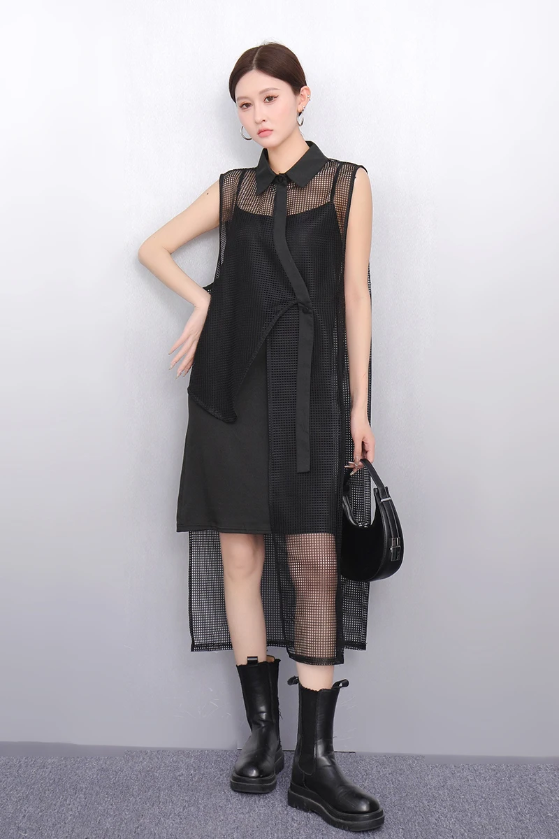 

2025 Summer Fashion Elegant Hollow Out Mesh Loose Long Dresses Women Sleeveless Dress Ladies Wholesale J1129