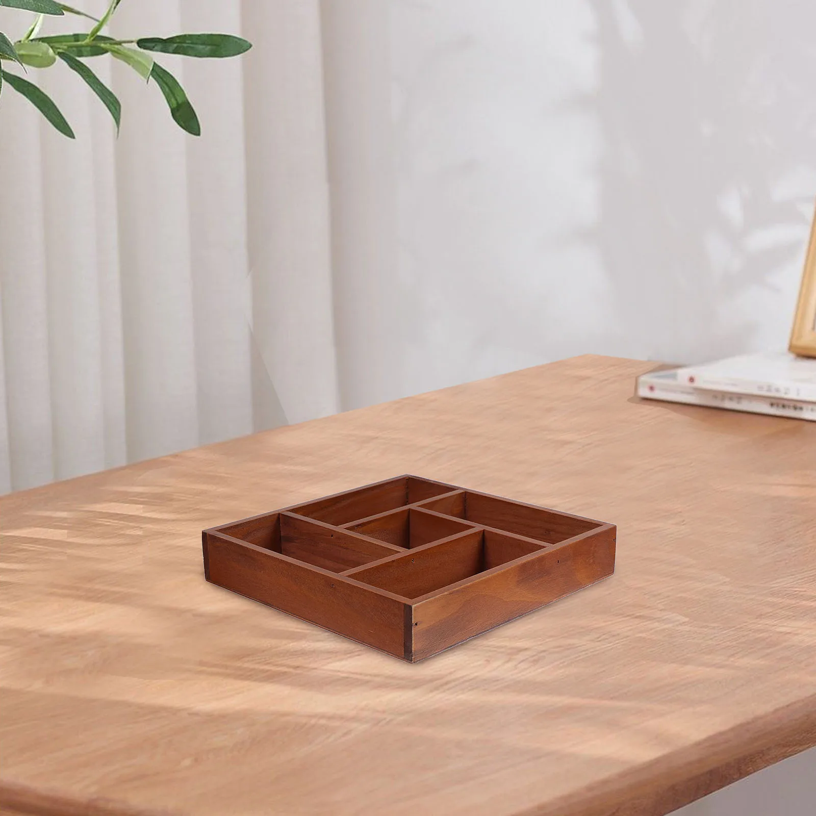 

Compact Wooden Desktop Organizer Vintage Look with Multiple Compartments for Jewelry Makeup Stationery Storage Tray