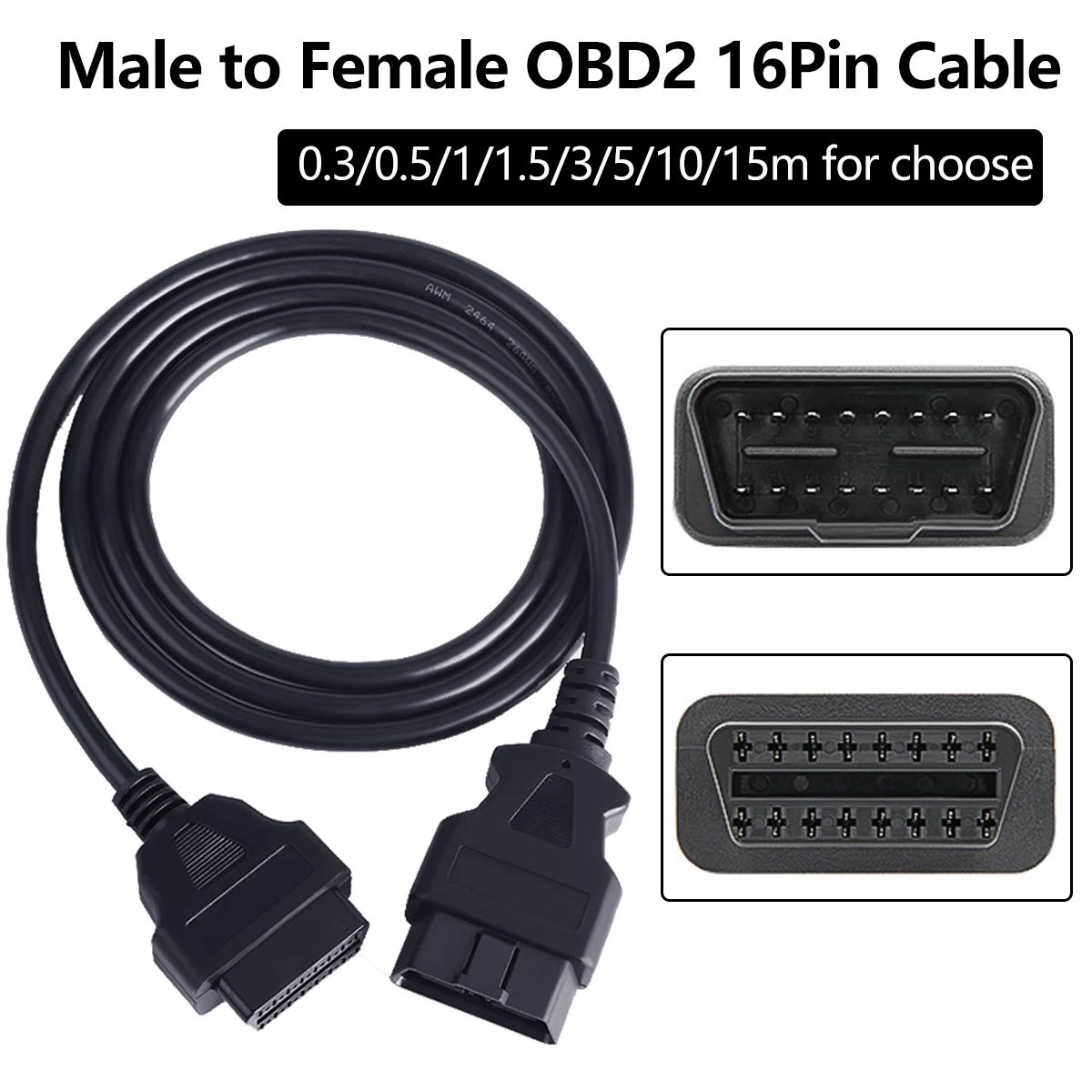 0.3/0.5/1/1.5/3/5/10/15m 16 Pin Male to Female Plug OBD2 Extension Cable ELM327 Connector Cable OBD 2 16pin Diagnostic interface