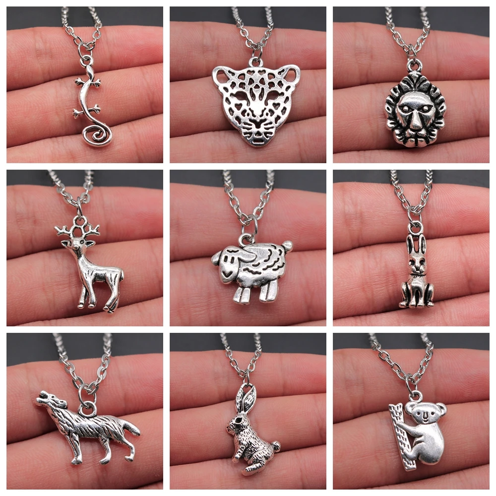 Animal Pendant Necklace Fashion Antique Silver Color Simple Zinc Alloy Rabbit Sheep Snake Deer Pig Lion Necklaces - view 4