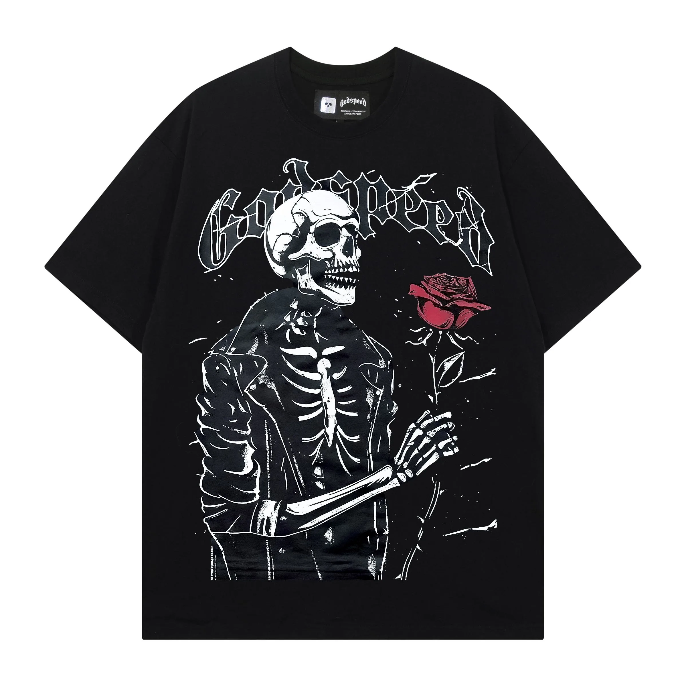 Godspeed Retro Skeleton Heavy Distressed Print Loose Fit Pure Cotton Short Sleeve T-Shirt Street Style Rock Summer Top