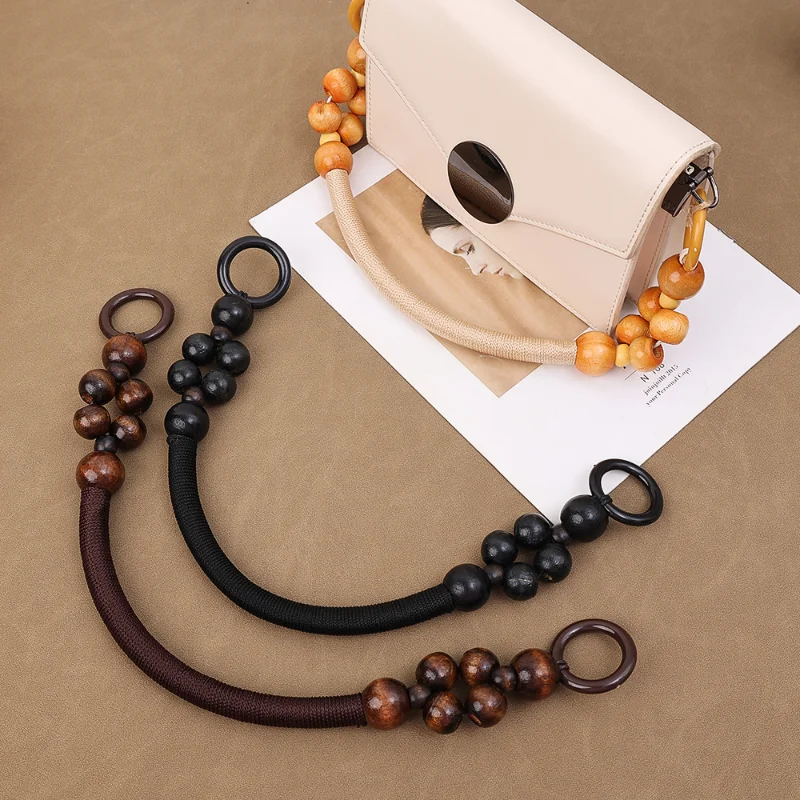 2 Pcs Vintage Woven DIY Handbag Handle Wooden Beads Versatile Portable Component Fasionable Bag Chains Firm Exquisite Bag Strap