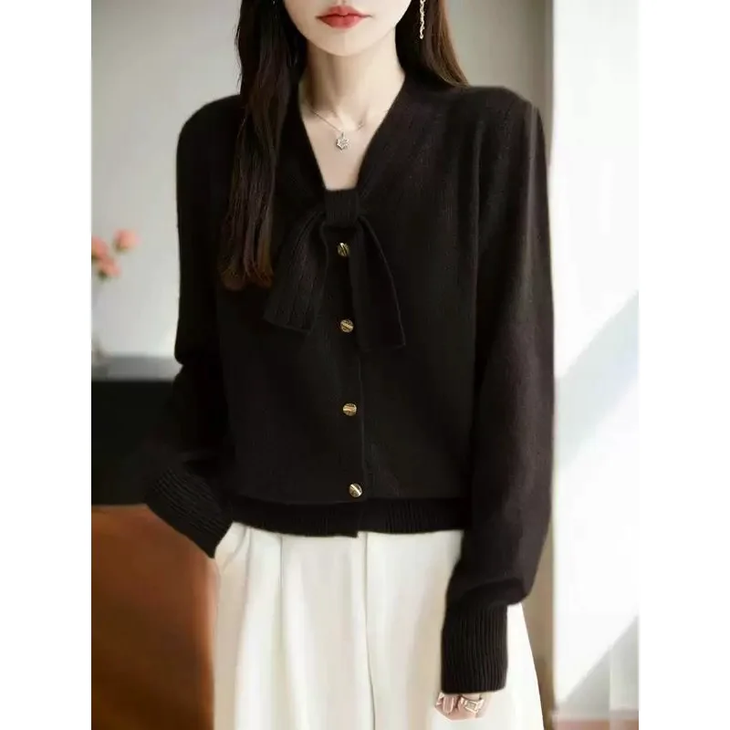 Womens Clothing Bow Temperament Sweater Autumn/Winter Super Good-looking Long Sleeve Knit Tops Lady V-onck Versatile Casual Coat