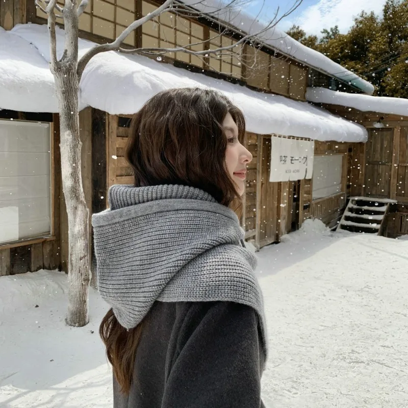 Women Knitted Hooded Scarf Integrated Hat Neck Warmer Drawstring Balaclava Hood Scarf Windproof Neck Cover for Cold‑Weather Wear