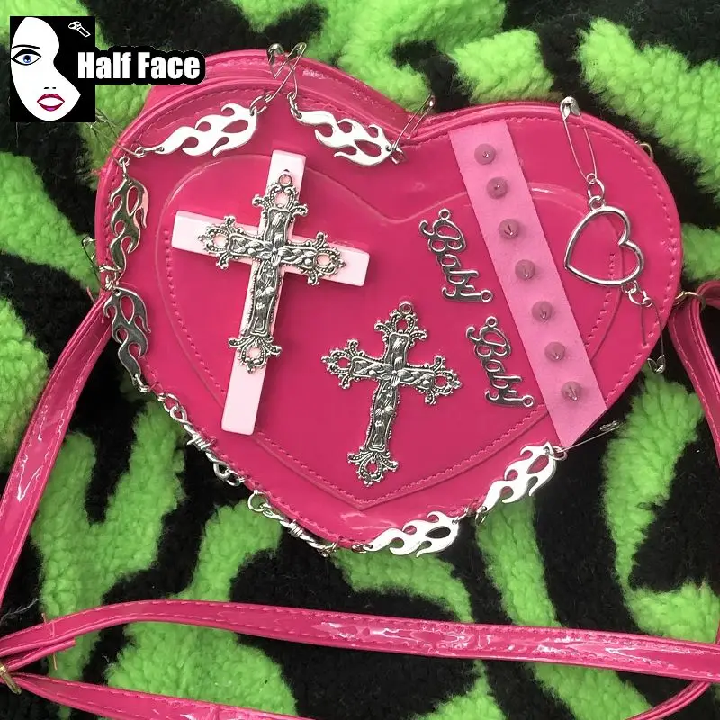 Y2K dziewczęce Harajuku gotycka torebka w kształcie serca spersonalizowany projekt Lolita na jedno ramię punkowy krzyż damska torba Crossbody