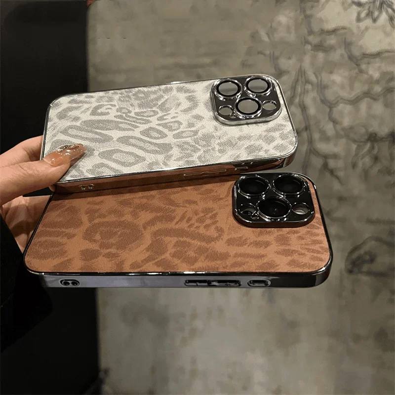 Luxury Plating Leopard Texture Leather Case For iPhone 16 15 14 Plus 13 12 11 Pro Max Lens Protection Shockproof Soft Cover Capa