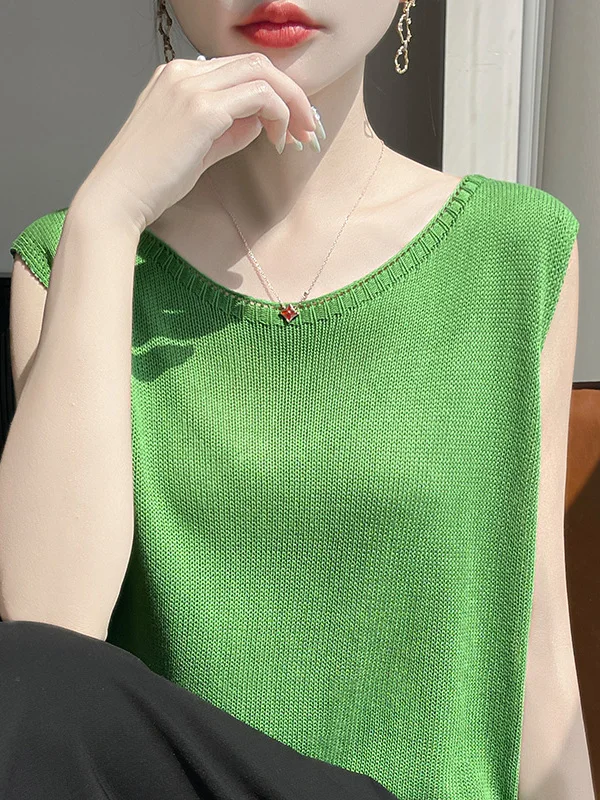 Ice Hemp Knitted Vest Women Summer Outdoor Wear Loose Strapless Sleeveless Top T-Shirt Commute Style Polyester Fiber