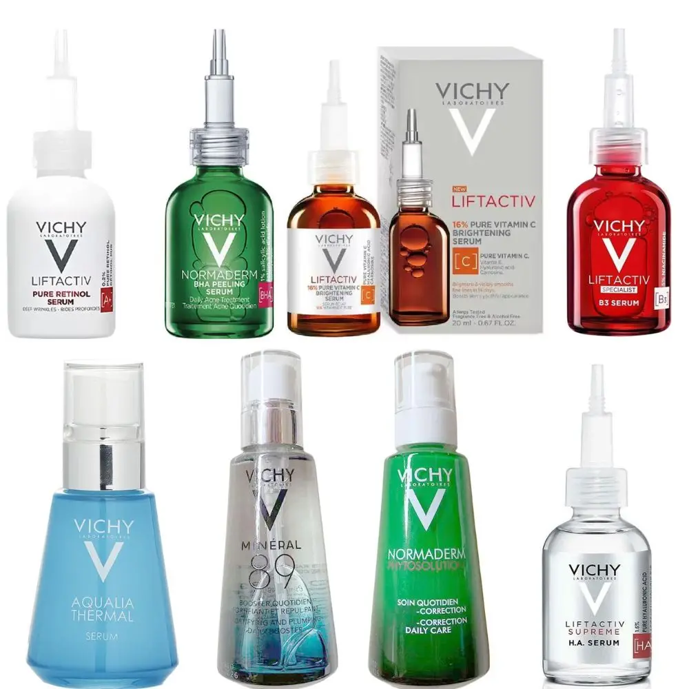 VICHY Series Essence antienvejecimiento VC, esencia iluminadora, tóner, reparación hidratante, piel sensible, equilibrio, agua, aceite, decoloración, línea fina