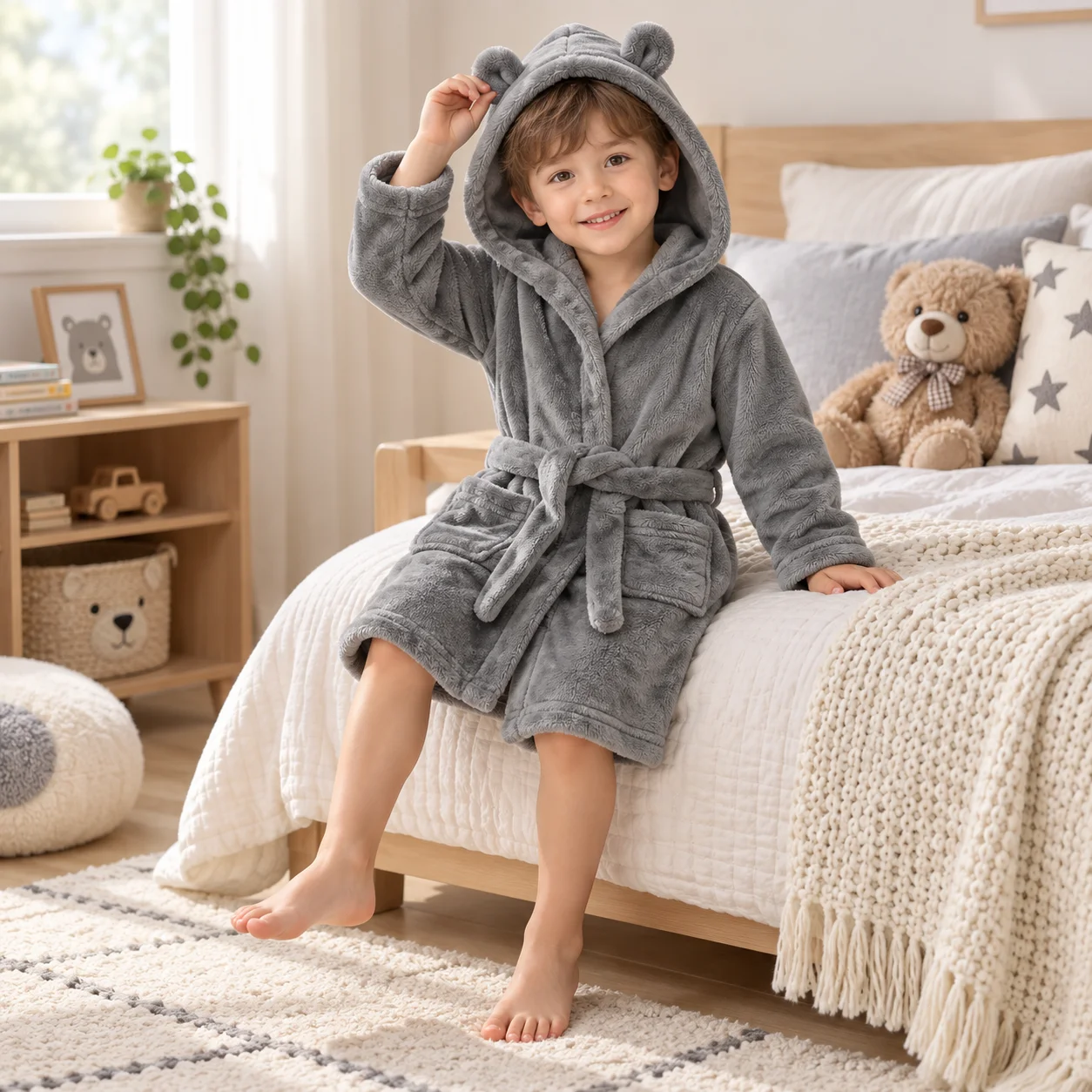 Autumn Winter Toddler Boys Hooded Bathrobe Cute 3D Bear Ears Flannel Fleece Sleepwear Long Sleeve Warm Gray Kids Boys