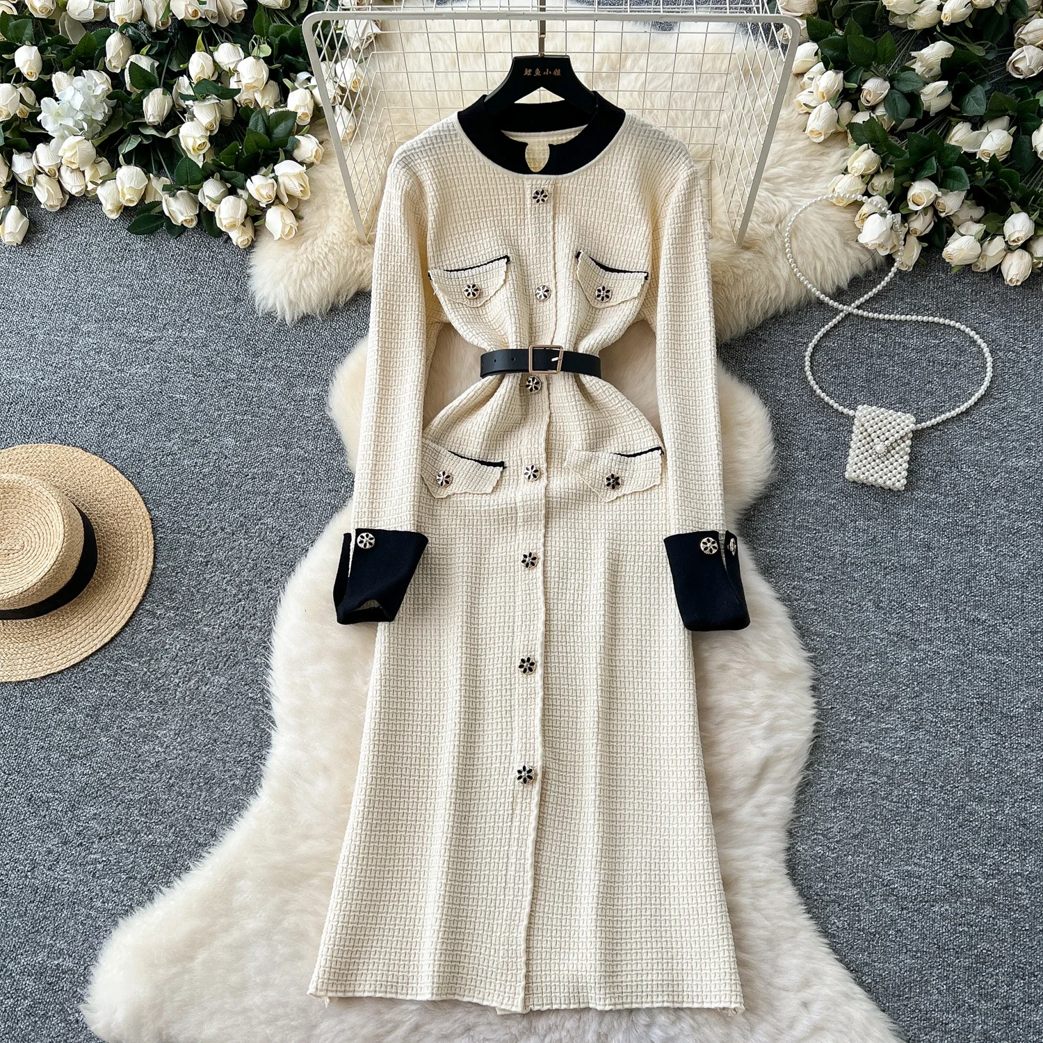 Elegant Long Sleeves Vintage O-neck Chic Single Breasted Sashes Slim Knit Long Dresses Office Lady High Street Winter Clothing