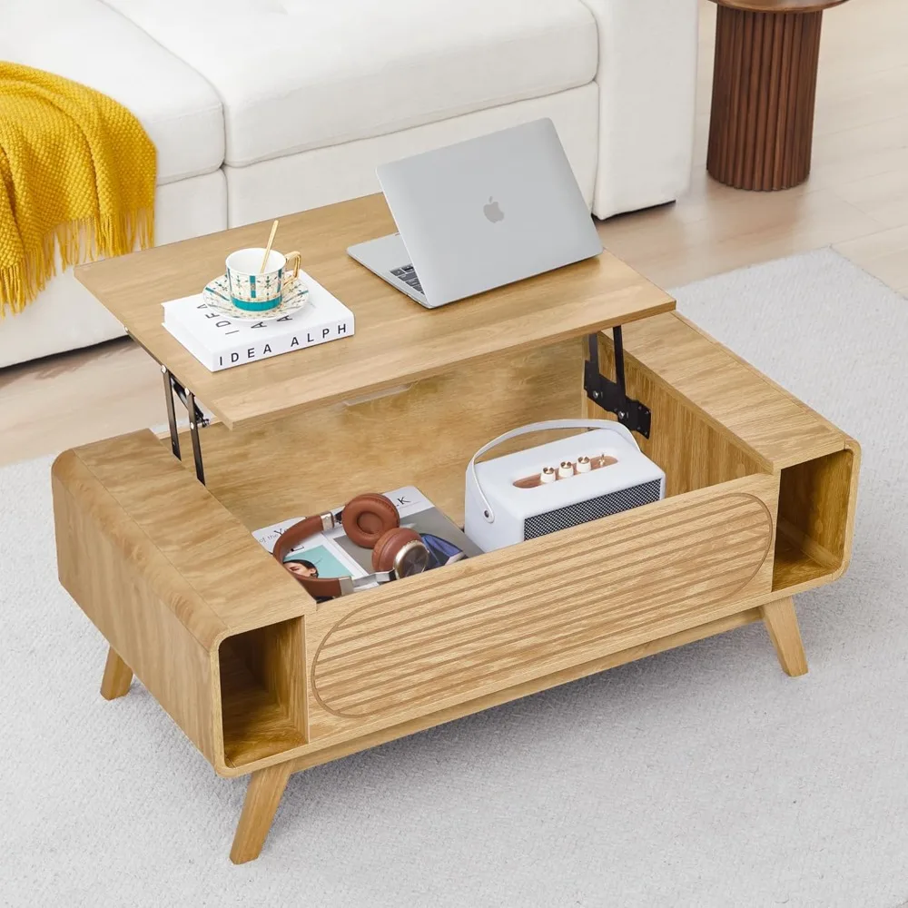 Small Lift Top Coffee Table with Hidden Compartment, Mid Century Modern Curved Coffee Table with Storage Shelf, Wooden Rectangle
