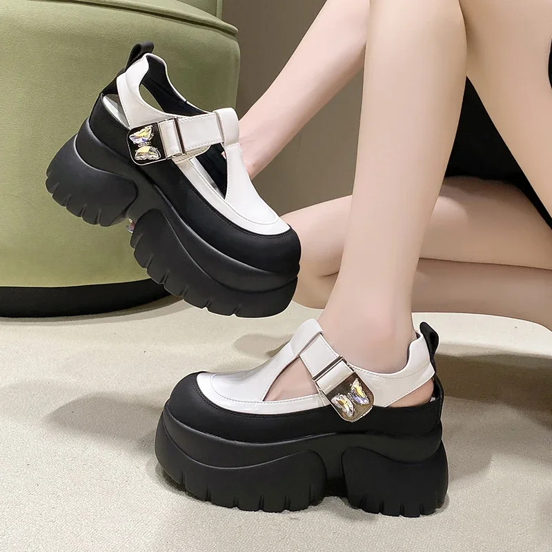 9CM New Women Sandals Comfortable Shoes Buckle Fashion Summer RoundToe Platform Wedge High Hidden Heels Ladies Breathable