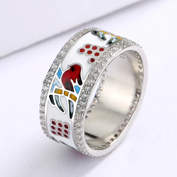 New Enamel Flamingo Ladies Ring 925 Stamp Fashion Colorful Drip Ring Personalized Creative Ethnic Style Animal Hand Jewelry