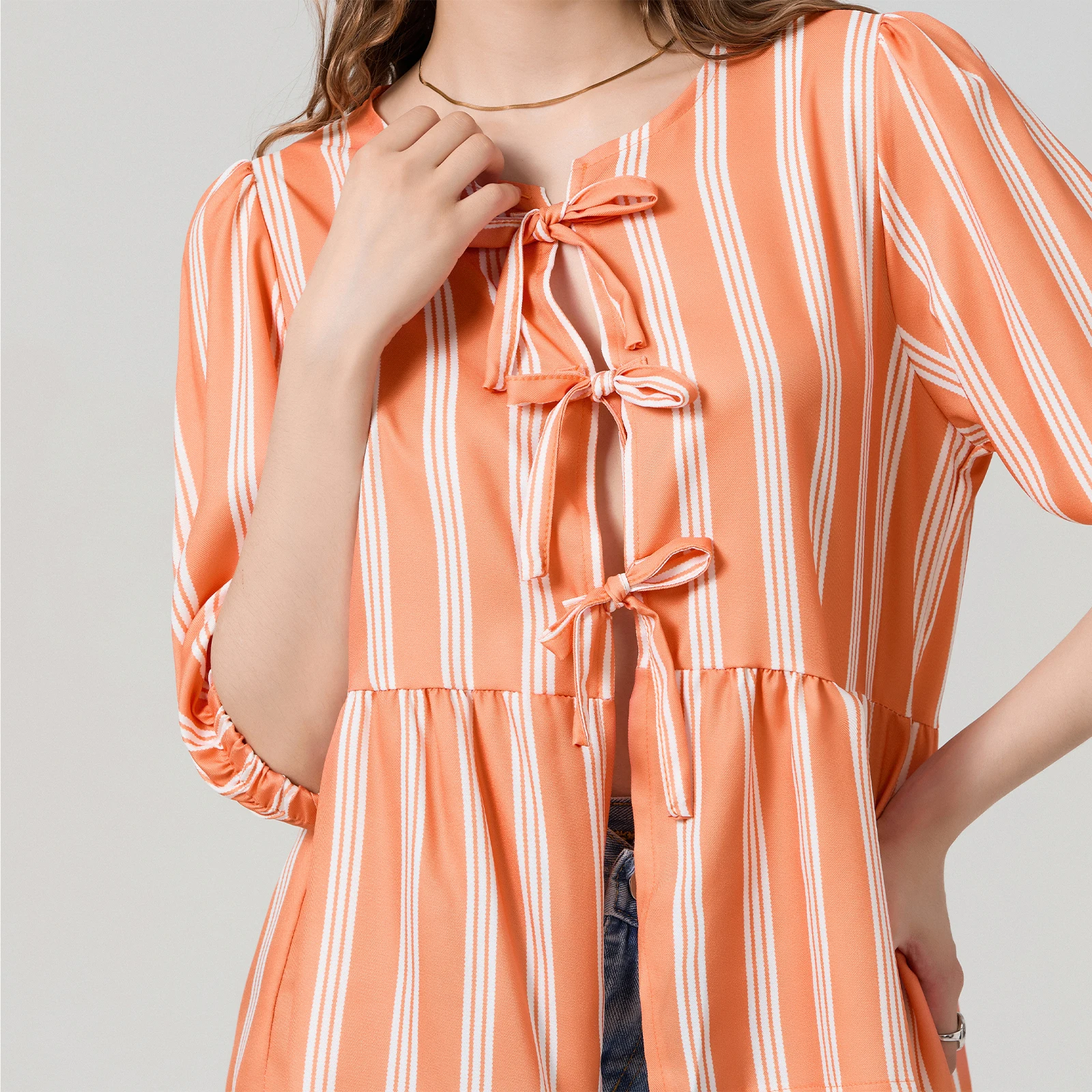 Women Tie Front Peplum Shirt Y2K Puff Sleeve Striped Babydoll Blouse Tops Summer Cute Ruffle Hem Bow Tie Shirt