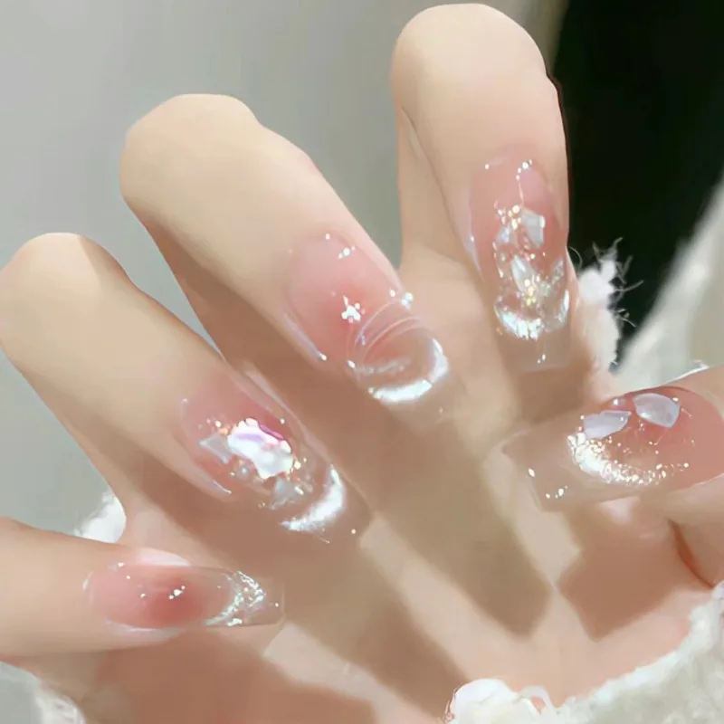 24 stücke lange Katzenauge Rouge drücken auf Nägel zum Kleben koreanischer Stil geklebte falsche Nägel Acryl Stick-On Nägel Set Finger Nail Art