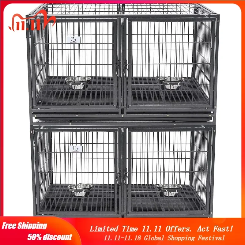 43 inch Dog Crate 2 Floor Stackable Heavy Duty Dog Kennel Dog Grooming Cage with Detachable Divider, Additional Tray