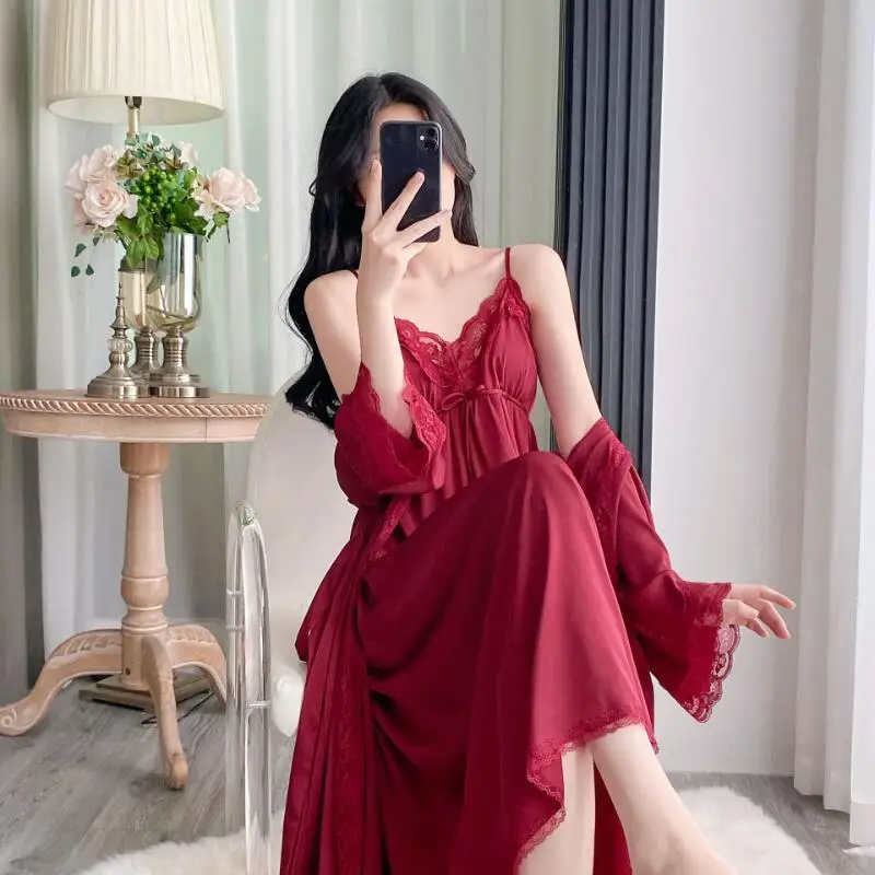 

Girl Pajamas Summer Ice Silk Homewear At Home Fashion Straps Skirt and Nightgown Two-Piece Set with Padded Cups Dopamine Hot Yrk