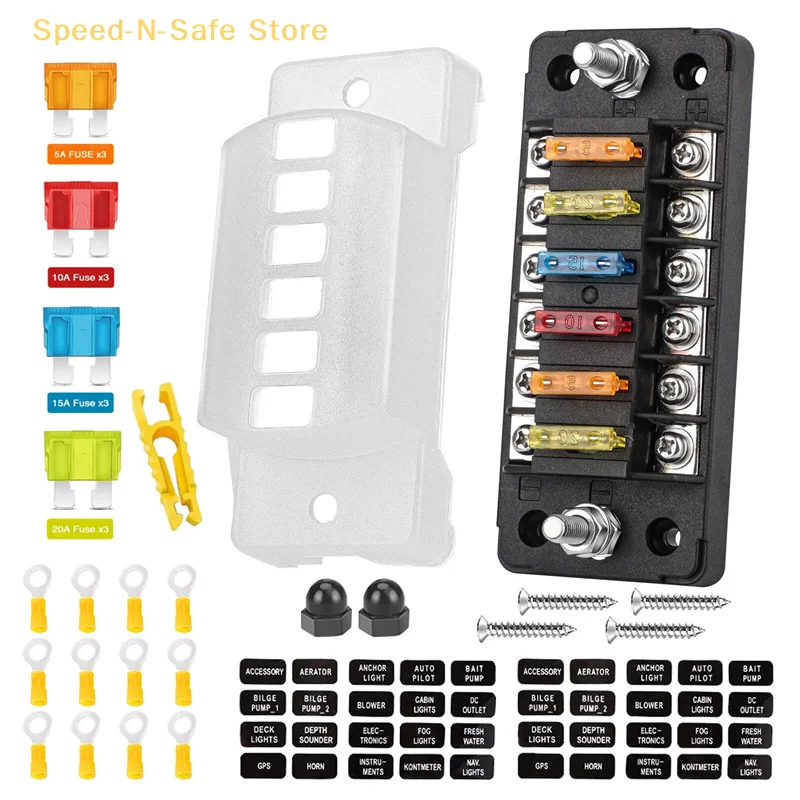 6-Way Automotive Fuse Holder With Negative Busbar – Waterproof 12V Blade Fuse Box (ATC/ATO Standard) – Includes Label Sticker