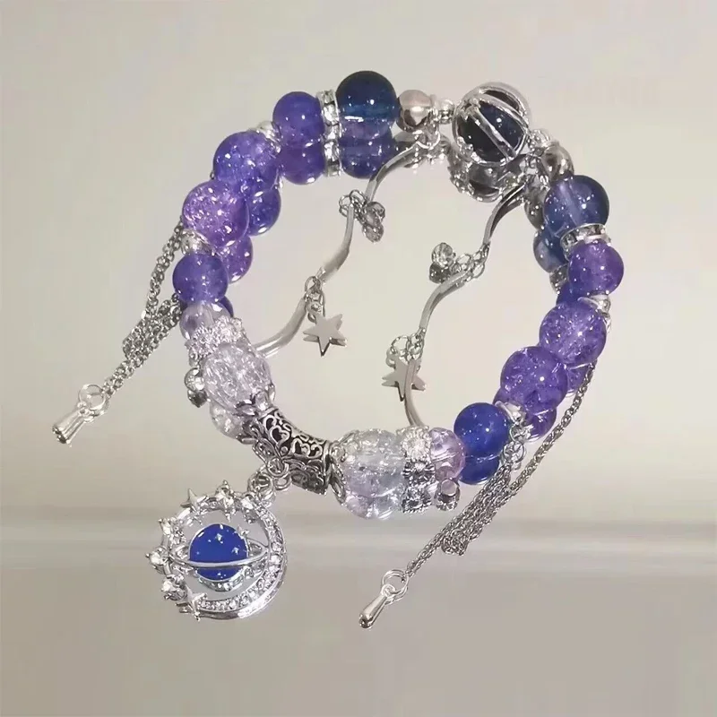 Light Luxury Blue Glass Crystal Beaded Bracelet, Chic Gift