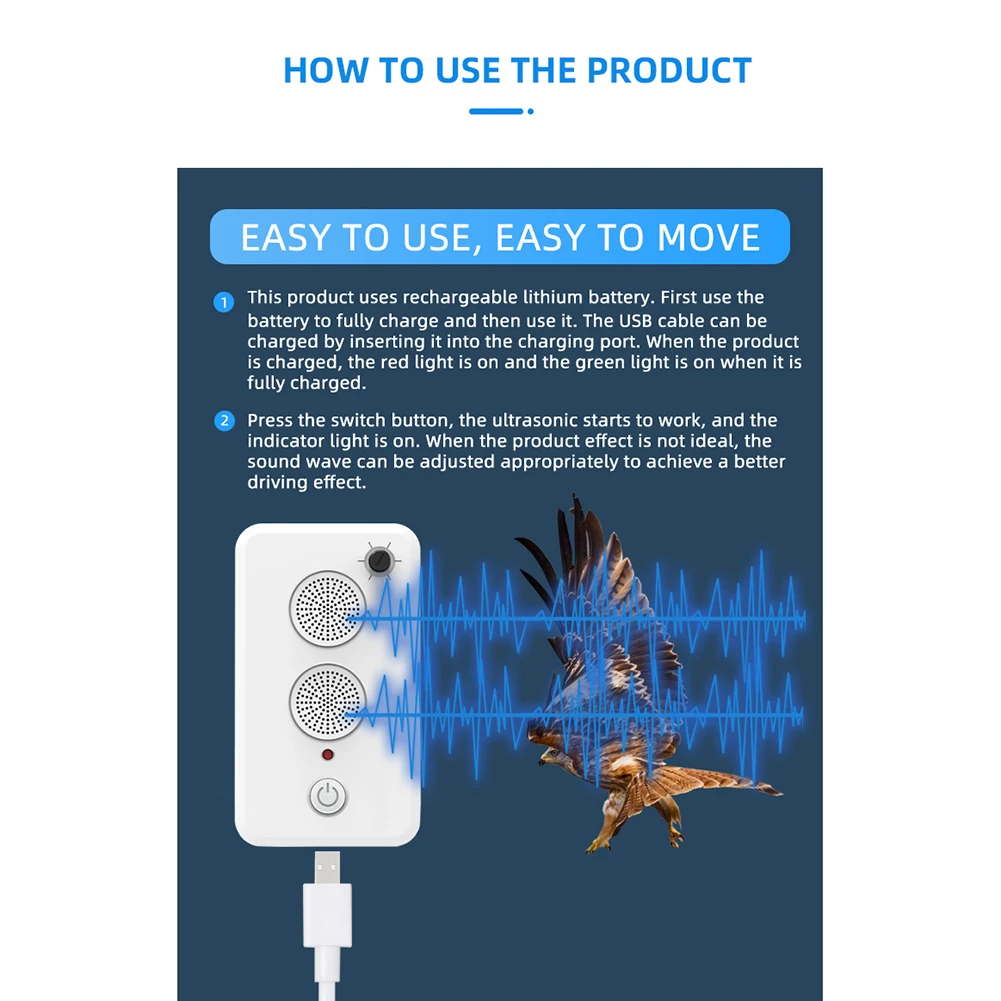 Ultrasonic  Device Usb Rechargeable Large-capacity Battery Outdoor Adjustable Bird Repeller