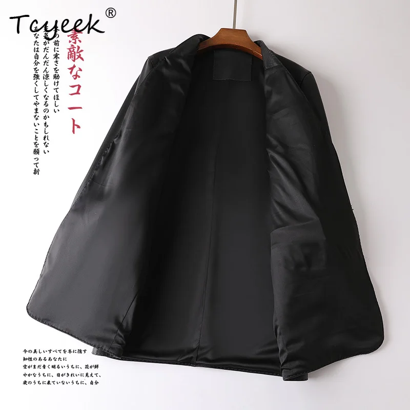 Tcyeek トップレイヤーシープスキン春秋 V ネックミディアム丈痩身女性の本革ジャケット