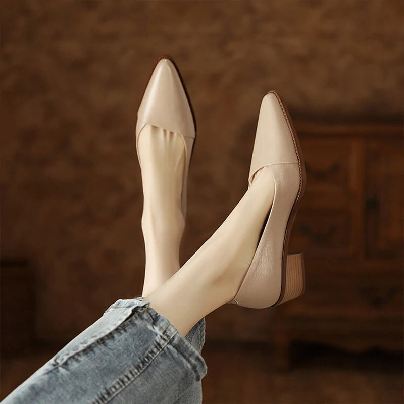 Comemore Pumps for Women Spring and Autumn 2025 Pointy Shallow Mouth Soft Leather Single Shoe Versatile middle Heels for Women's
