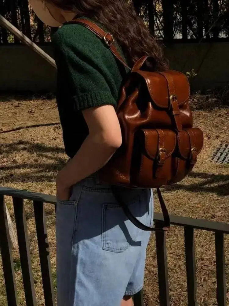 Bloom Vintage Brown Backpacks Women Retro Pu Leather Chic Solid Y2k Backpack Female Haruku Mini Mochila Aesthetic
