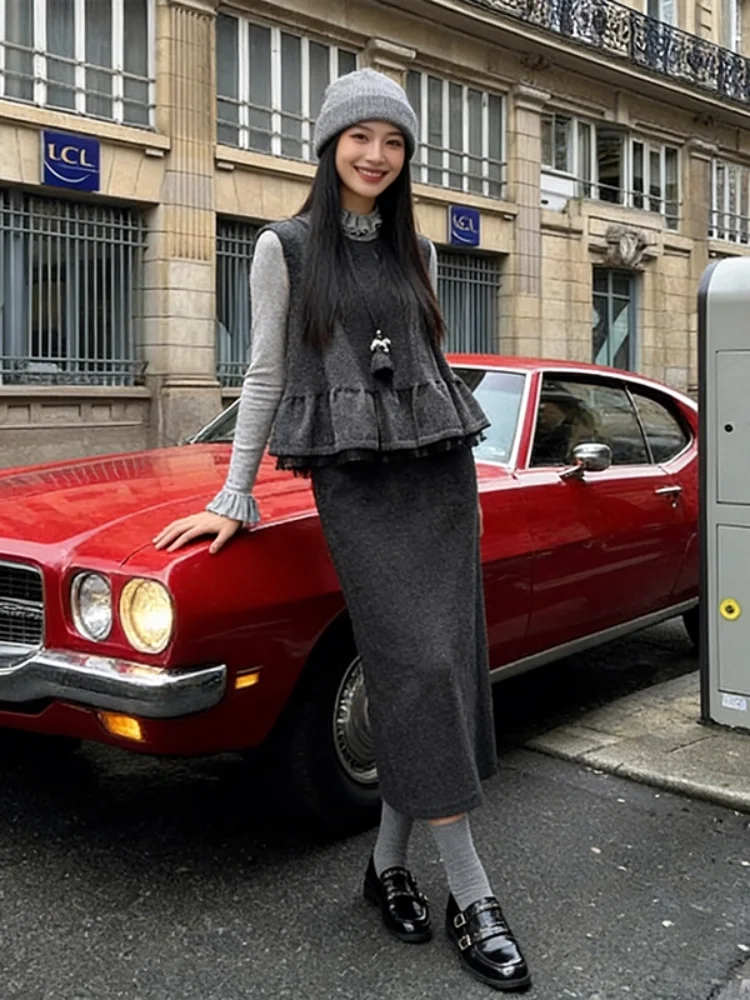 Gilet da donna con finiture in pizzo retrò Autunno Inverno Stratificazione Base di classe irt Gonna dimagrante anti-età Set di pezzi di maglietta Faionable