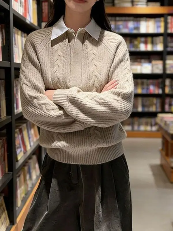 

Faionable Knitted Sweater Women's Long Sve V-Ne Slimming Top Collar Twist Flower Design Spring New Sle Korean L...