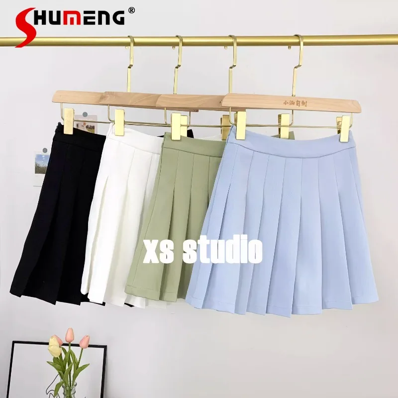 Suit Pleated Short Skirt 2024 Spring Summer New A-line Skirt High Waist Slimming Retro Anti-Exposure Mini Skirts Kawaii Clothes