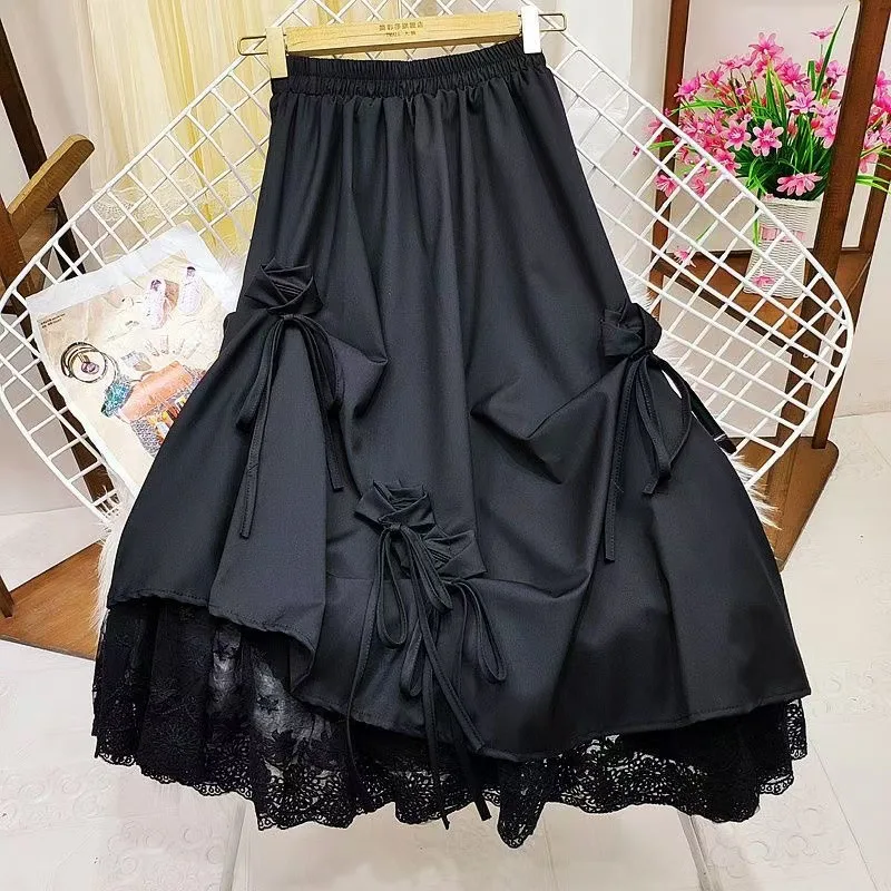 2026 New Women's Japanese Dark Lolita Skirt High Waist Bow Lace Patchwork 3D Flower A Line Midi Skirt