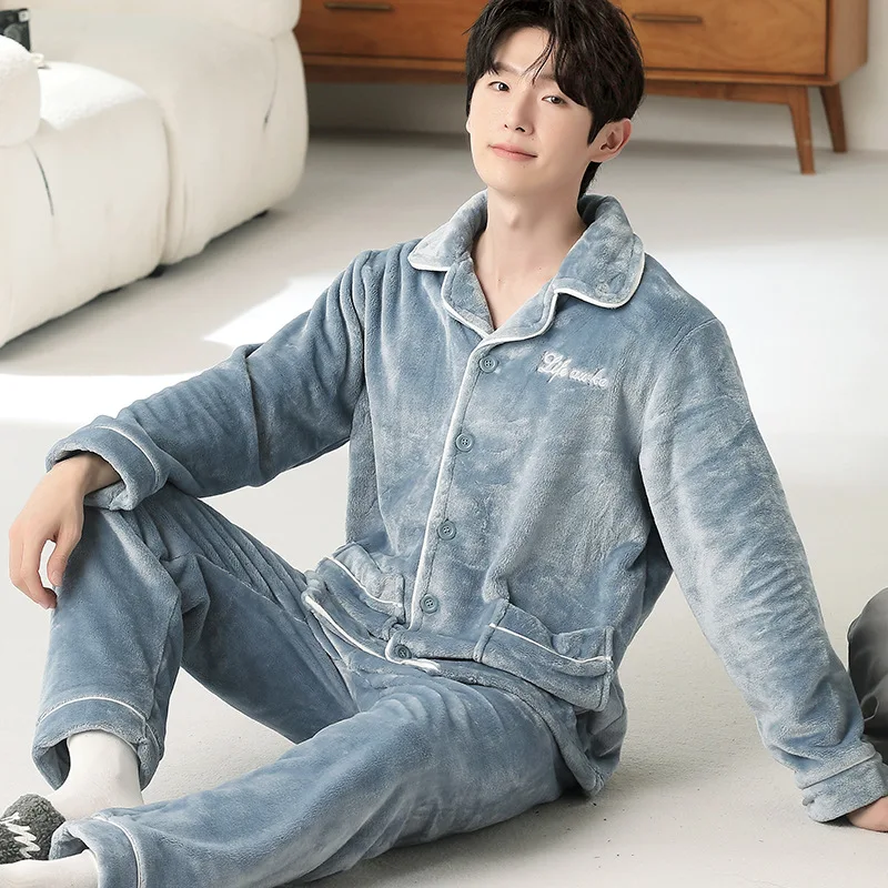 Men's Winter Sleepwear Coral Fleece Thickened Home Clothes Set Long Sleeve Stand Collar Couples Matching Outfit Chinese Style