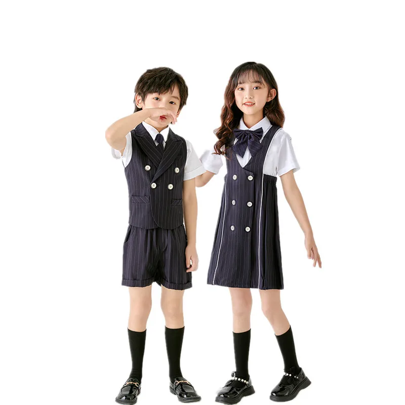 

Boys Girls Summer Striped School Uniform Twins Birthday Wedding Dress Kids Chorus Piano Performance Suits For Children's Day