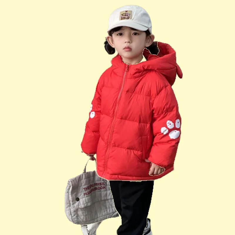 2024 1-6Y Girls Winter Down Jacket Thicken Warm Paw Printed Kids Boys Overcoat Cute Ear Hat Zipper Toddler Baby Girls Outerwear